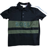 BOSS Slim Fit Polo Shirt Black Boys Short Sleeve Green Stripe 5 Years
