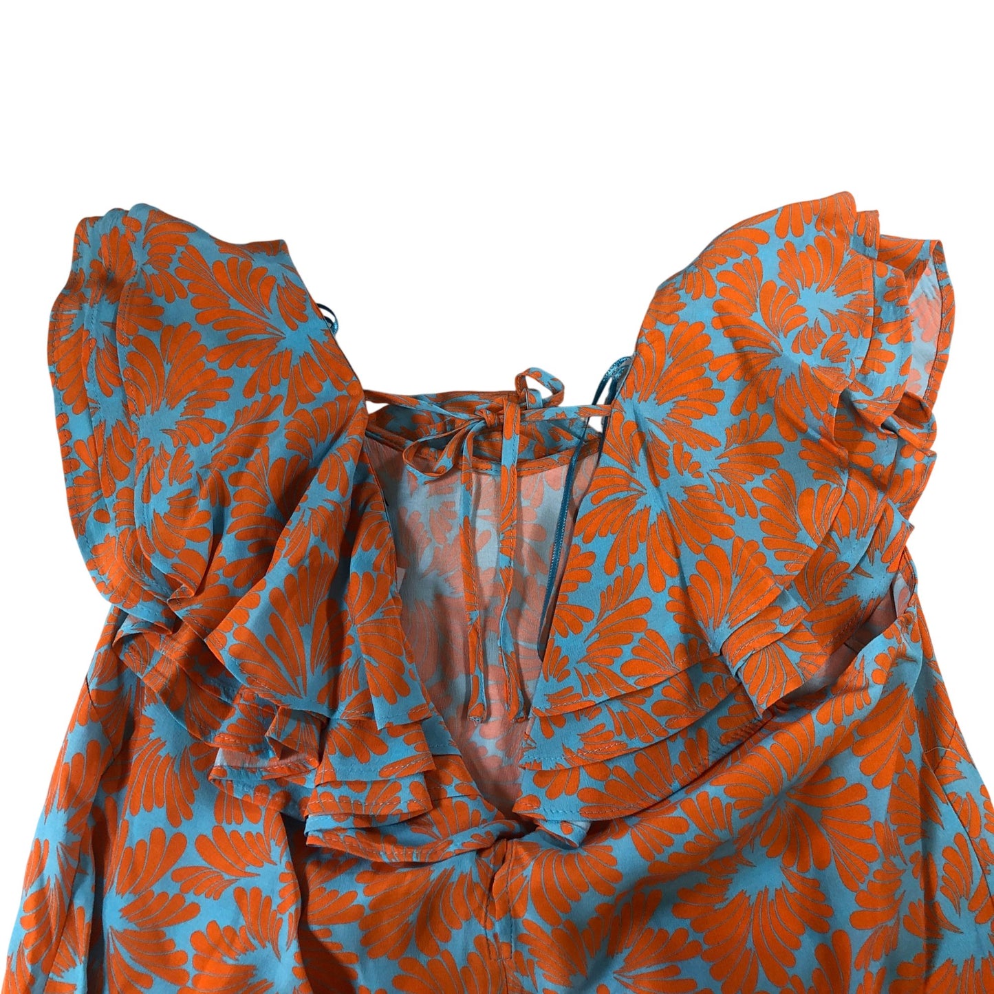 Floral Design Blouse Women's Short Sleeve Ruffle Blue Orange UK12
