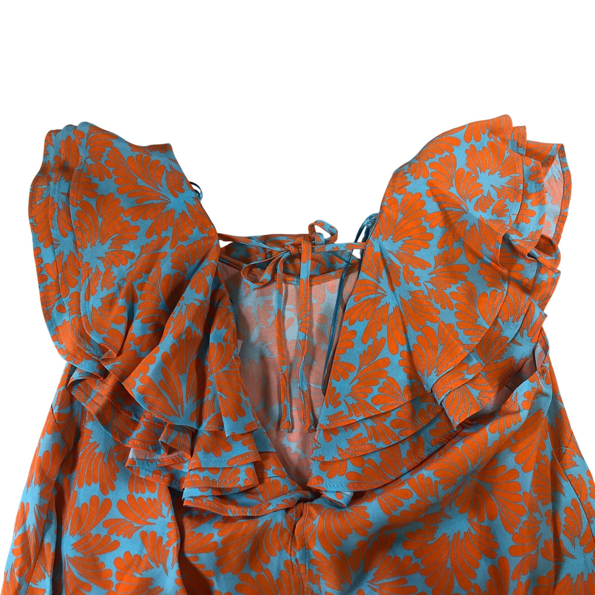 Floral Design Blouse Women's Short Sleeve Ruffle Blue Orange UK6