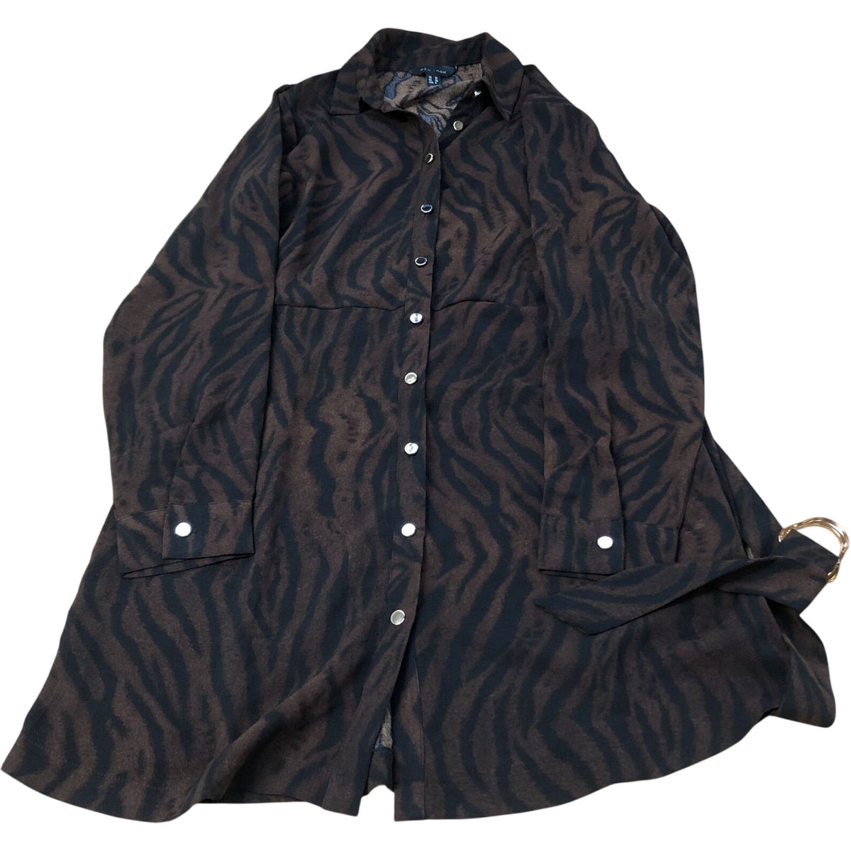 Brown Black Zebra Print Long Sleeve Shirt Dress Size 10 Women's Chic