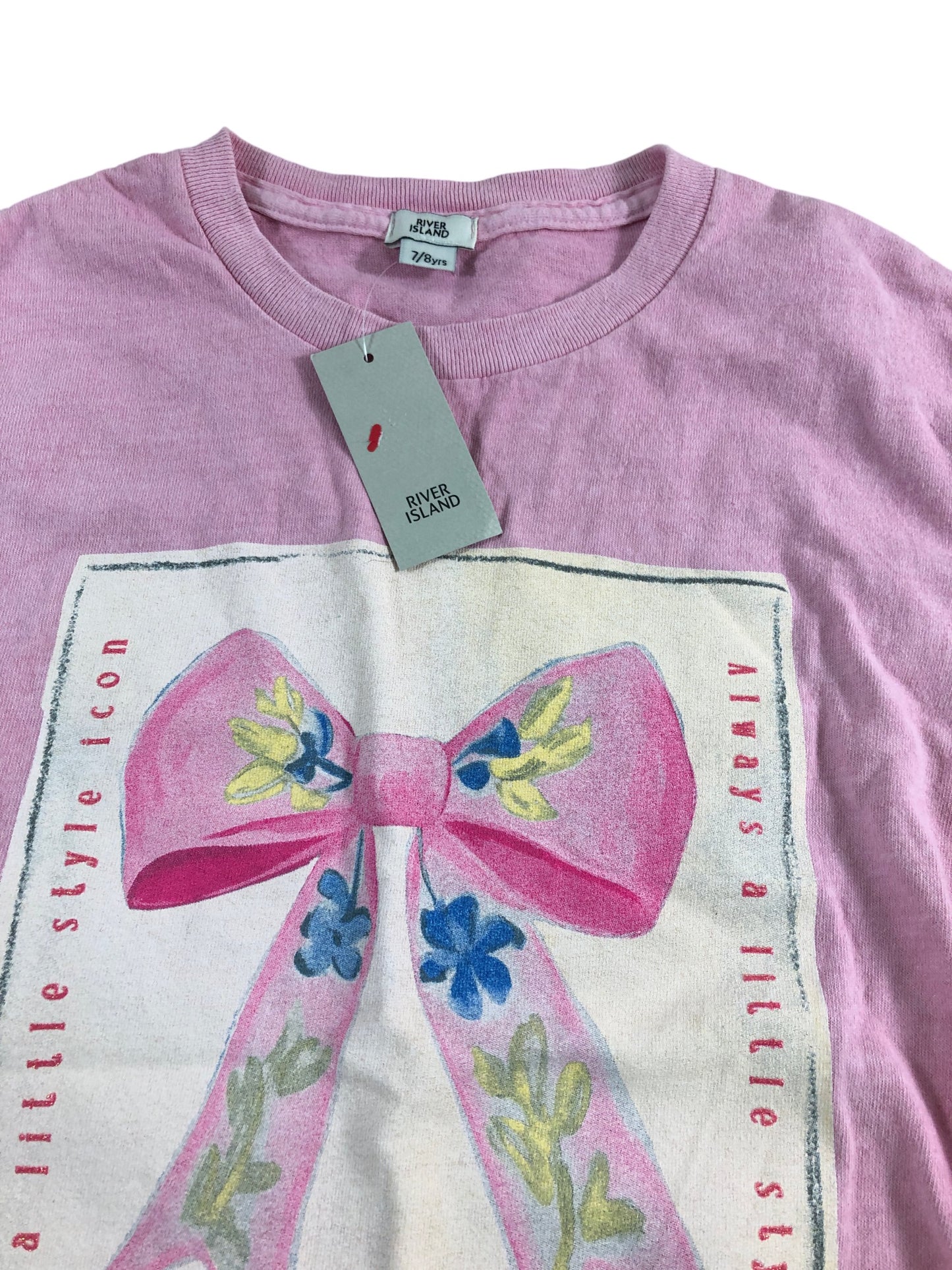 River Island Girls T-Shirt UK7-8 Pink Bow Design Short Sleeve Chic Top