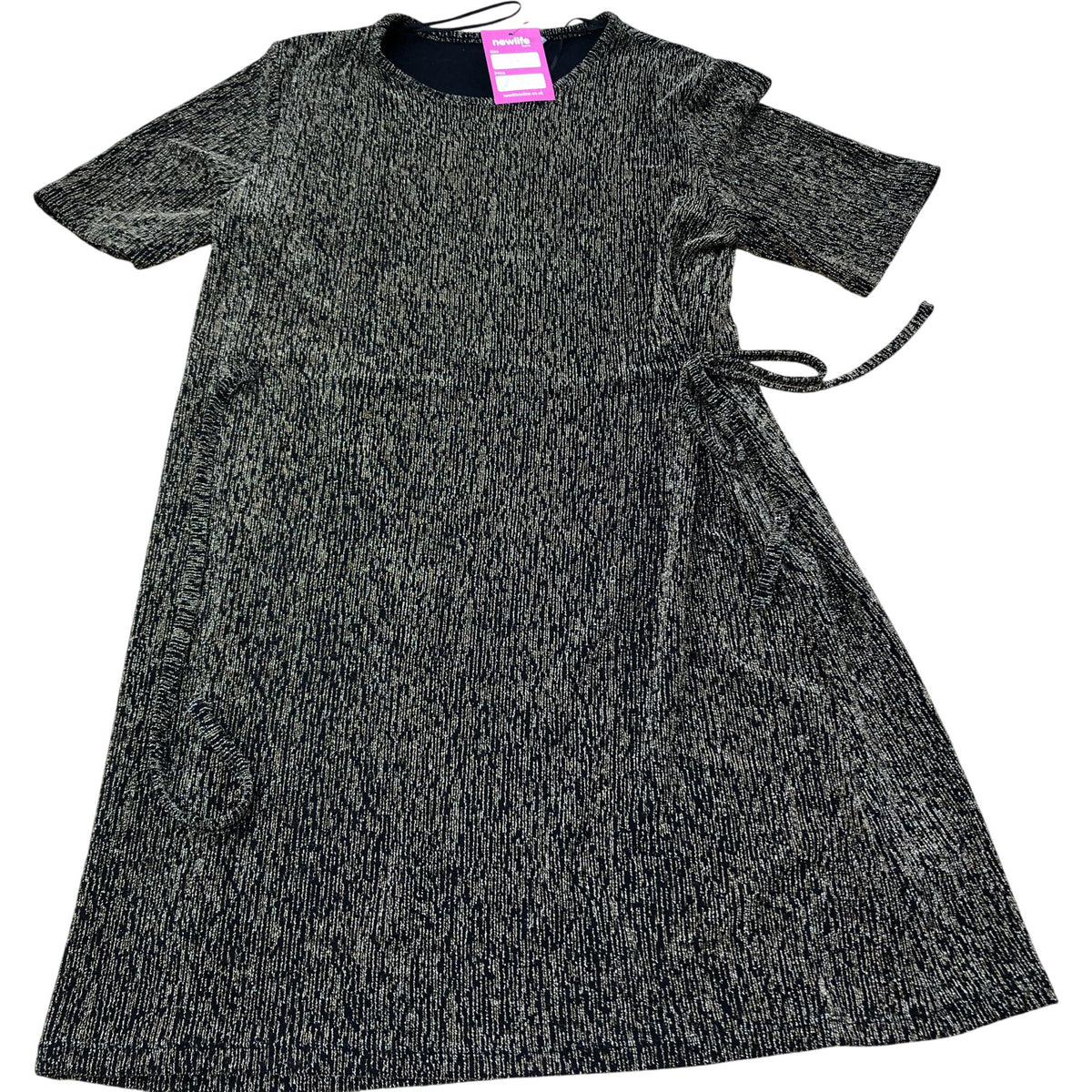 Dress UK14 Women's Metallic Short Sleeve Stretch Tie Waist Black Gold