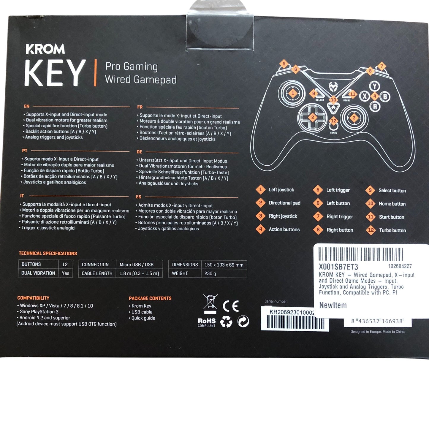KROM KEY Pro Gaming Wired Gamepad USB Compatible Controller for PC PS3