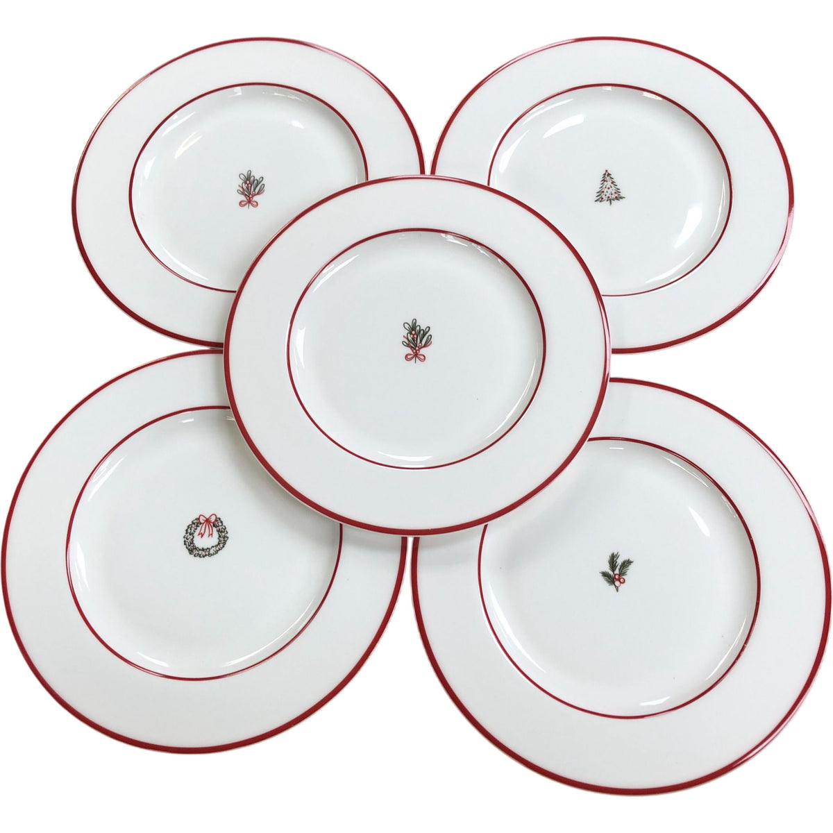 Set Of 5 Christmas Side Plates Red Trim Dinnerware