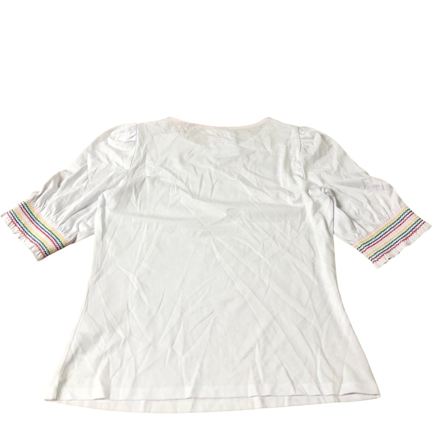 Puff Sleeve Top Women's White Cotton Blend With Colourful Trim UK10