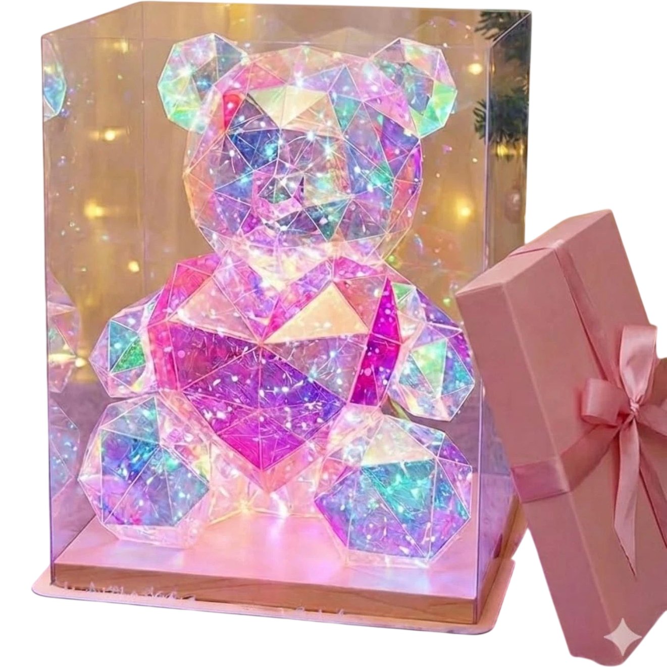 Night Light Holographic Teddy Bear Nursery Décor Pink Heart 10"