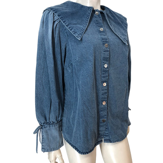 River Island Denim Heritage Blouse UK12 Women's Medium Blue Puff Sleeve
