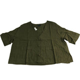 Branded Shirt UK14 Women's Green Linen V Neck Short Sleeve Top