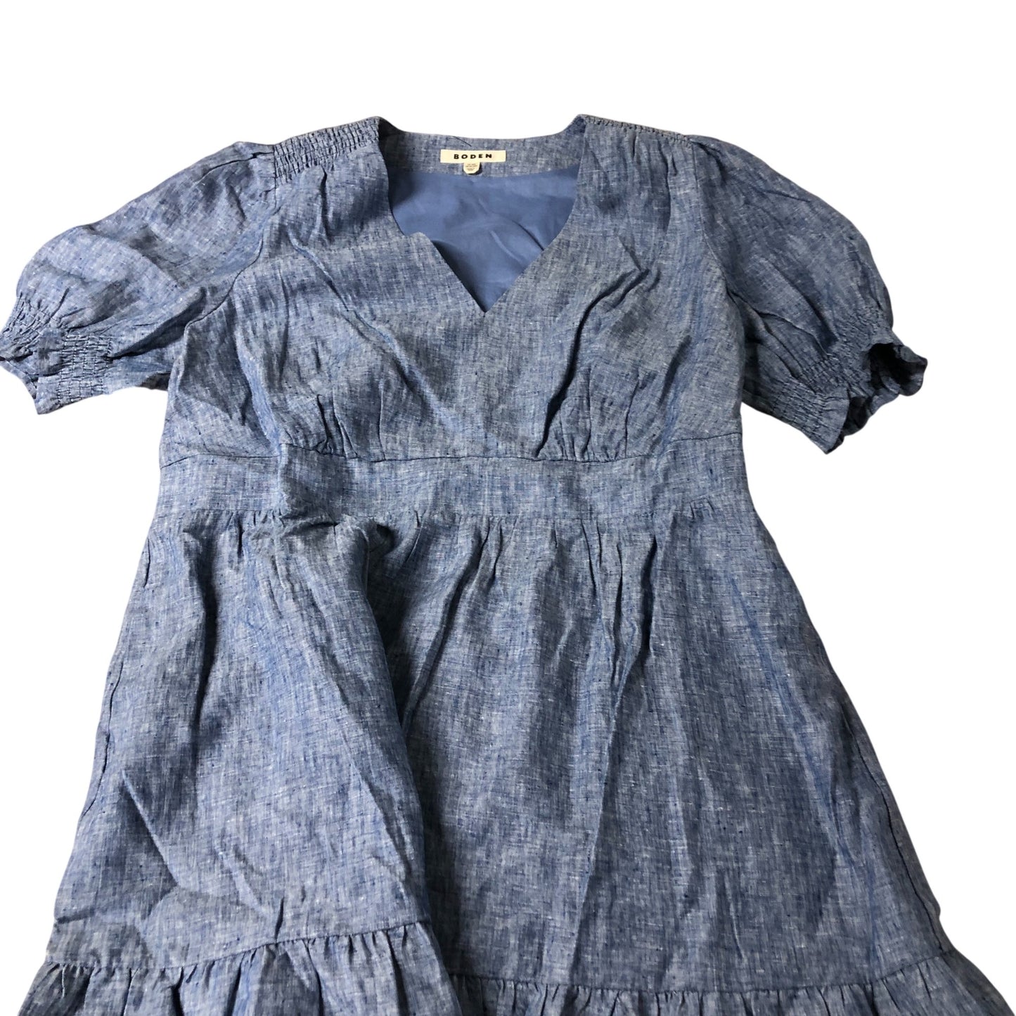 Boden Anna Linen Short Dress Women's Short Sleeve V Neck Blue UK22