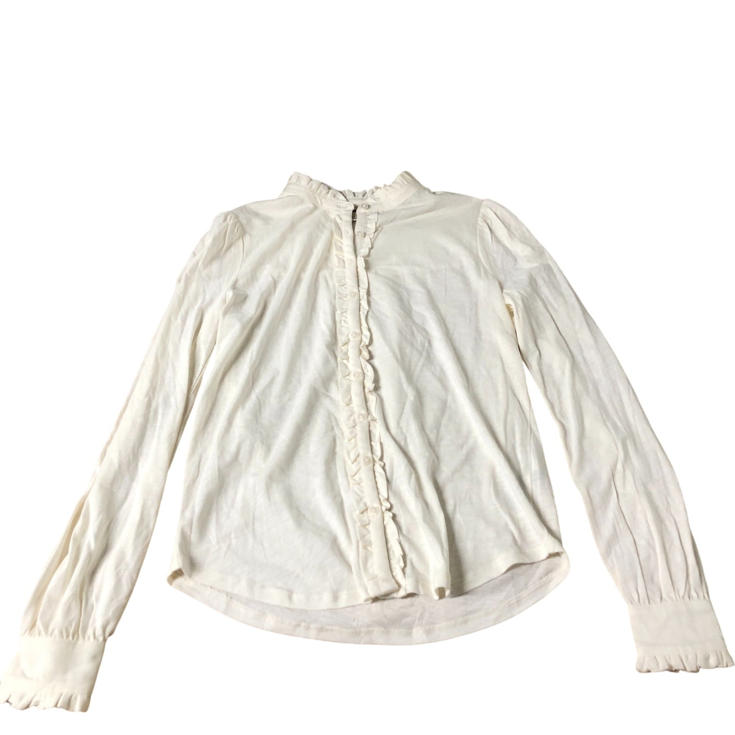 Ruffled Button Front Blouse Women's Long Sleeve Cream Cotton Tencel UK6