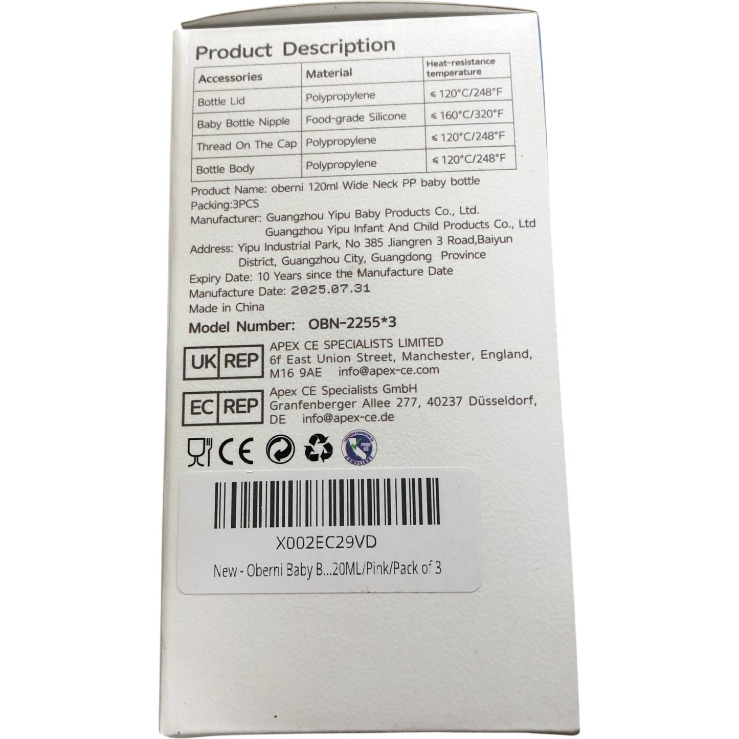 Oberni PP Baby Bottles Set Of 3 Newborn BPA Free 120ml Teat Gift Boxed