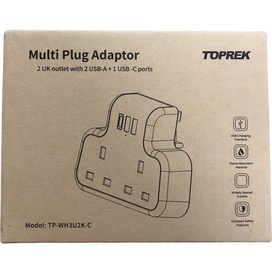Toprek Multi Plug Adaptor TP-WH3U2K-C 2 UK Outlets 2 USB-A 1 USB-C Ports