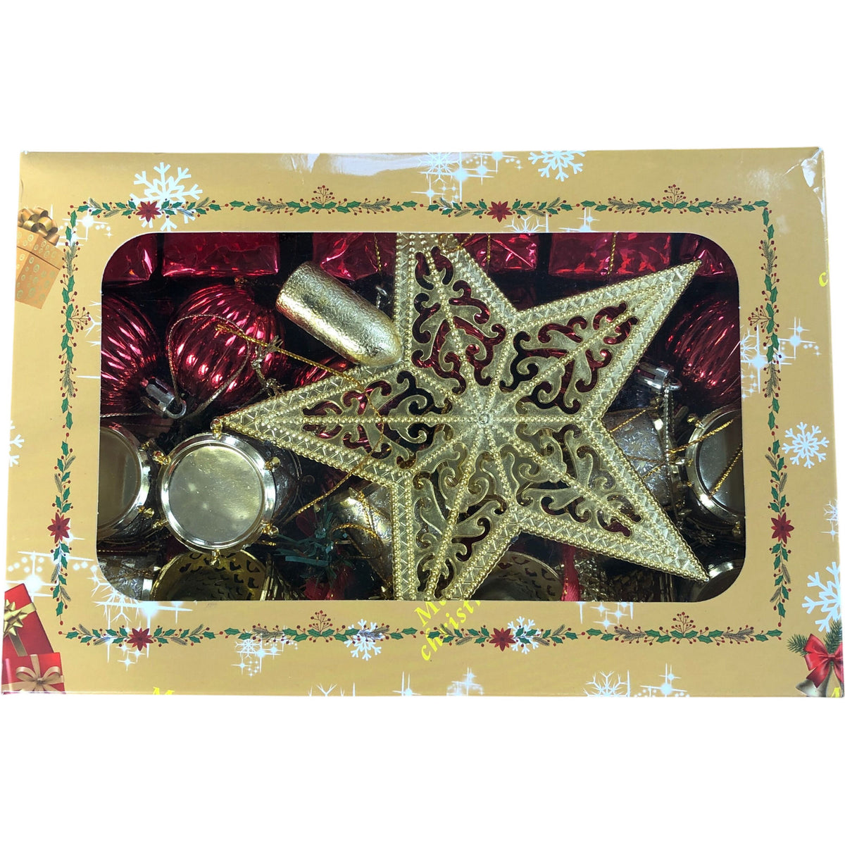 Christmas Tree Ornament Decoration Set With Golden Star Tree Topper