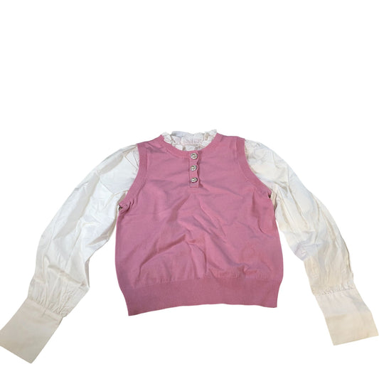 River Island UK8 Women's Pink Sweater Top With White Long Sleeves And Buttons