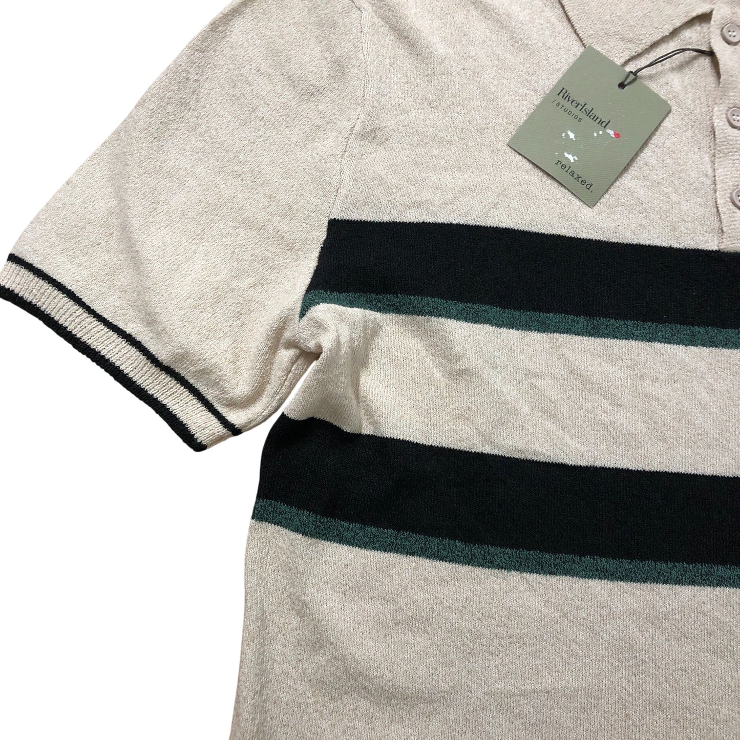 River Island Men's Short Sleeve Polo Shirt Size M Beige Green Stripes