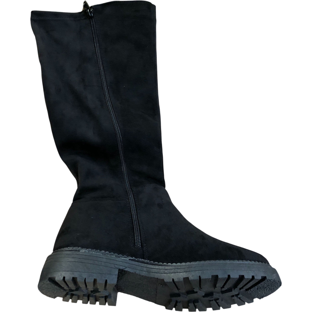 Wide Fit Knee High Boots Black Faux Suede Chunky Sole Size 6