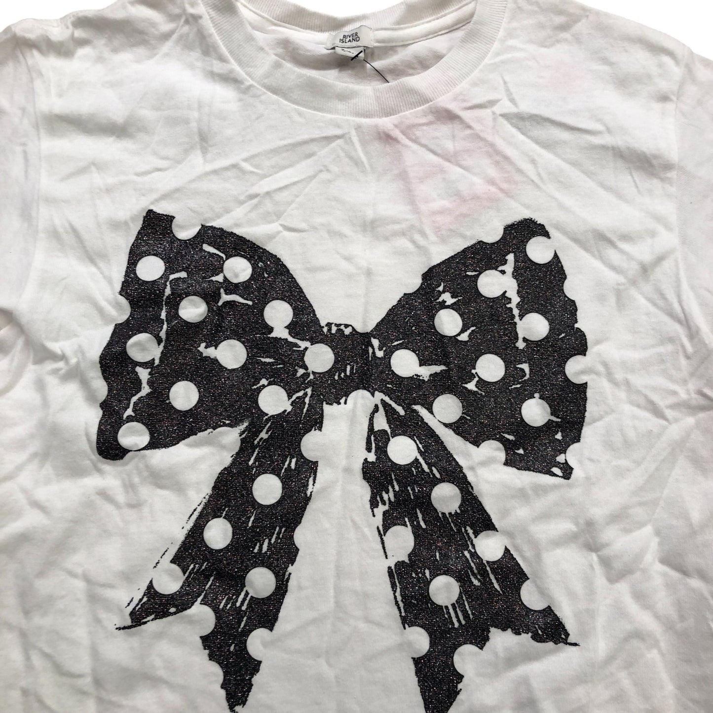 River Island Girls T-Shirt 7-8 Years White Polka Dot Bow Design Short Sleeve Top