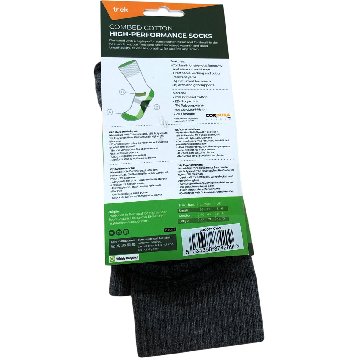 Trek Combed Cotton High Performance Socks UK3-6 Unisex Small Grey 70% Cotton