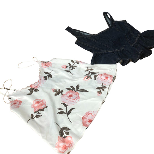 Floral Print White Tank Top And Denim Peplum Top Set Women's Size UK6