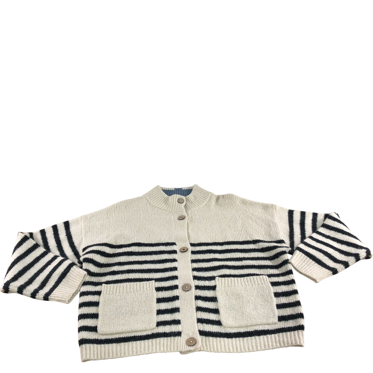 UK18 Women's Striped Cardigan Cream Black Knitted Button Front