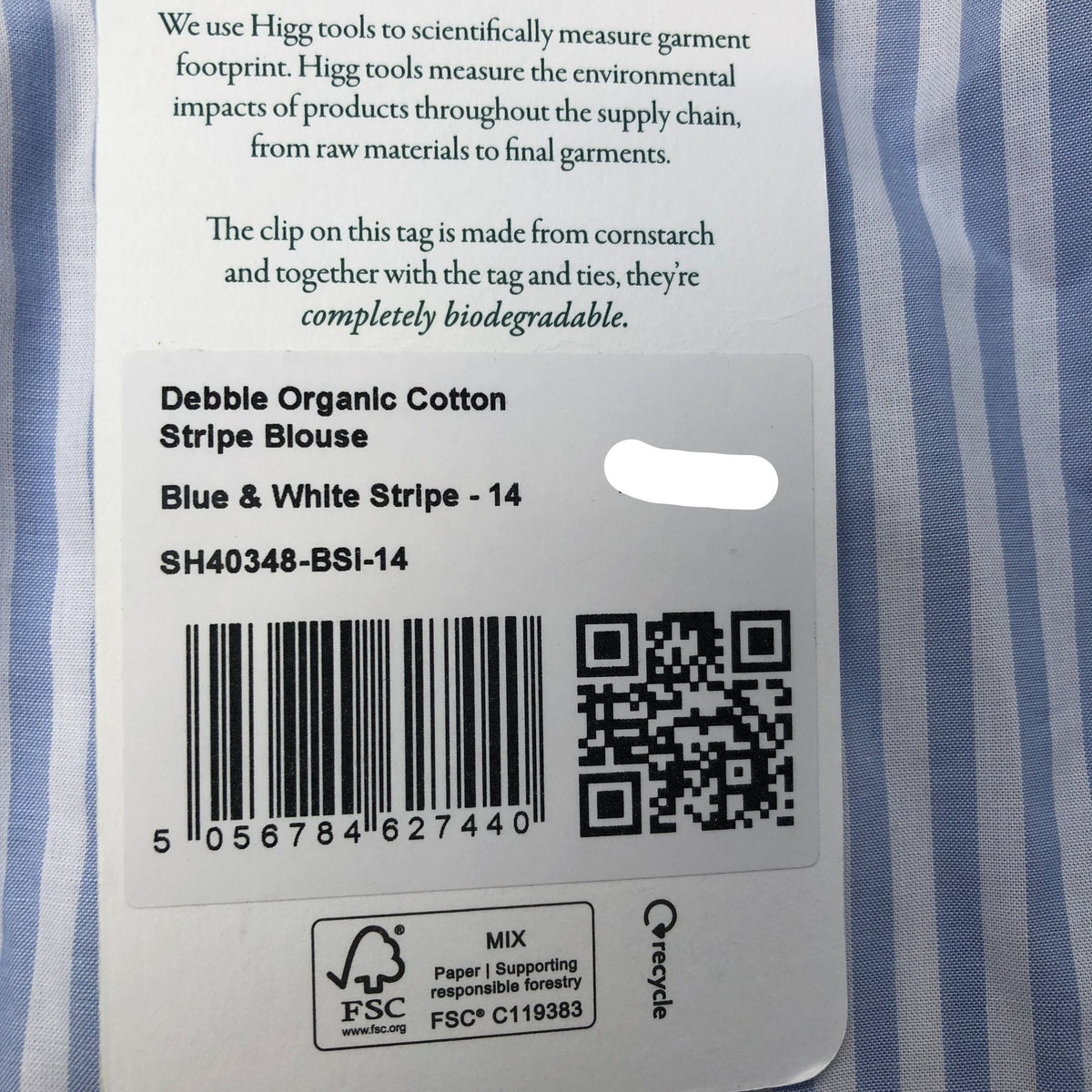 Baukjen Debbie Organic Cotton Blouse Blue & White Stripe Size 14