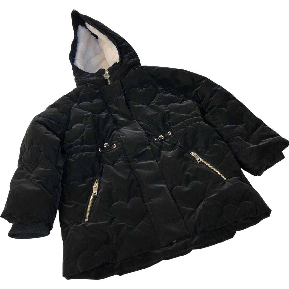 River Island Puffer Jacket Women's Black Heart Quilted Warm Hooded 5-6 Years