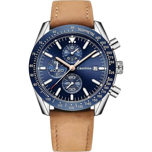 Casotime Chronograph Watch Brown Leather Strap Blue Face Men's Stylish Timepiece