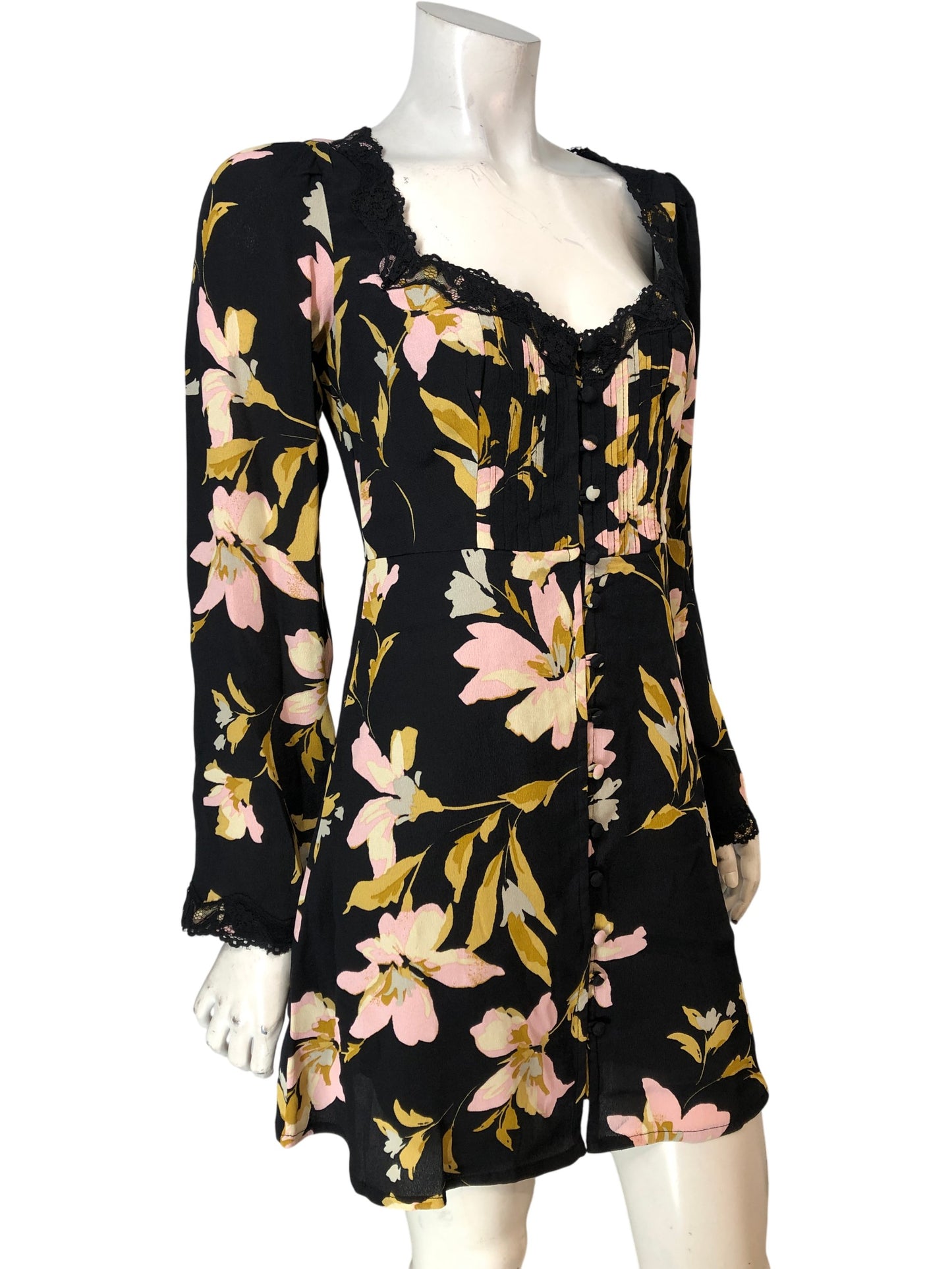 River Island Floral Dress UK8 Women's Black Yellow Pink Long Sleeve Lace