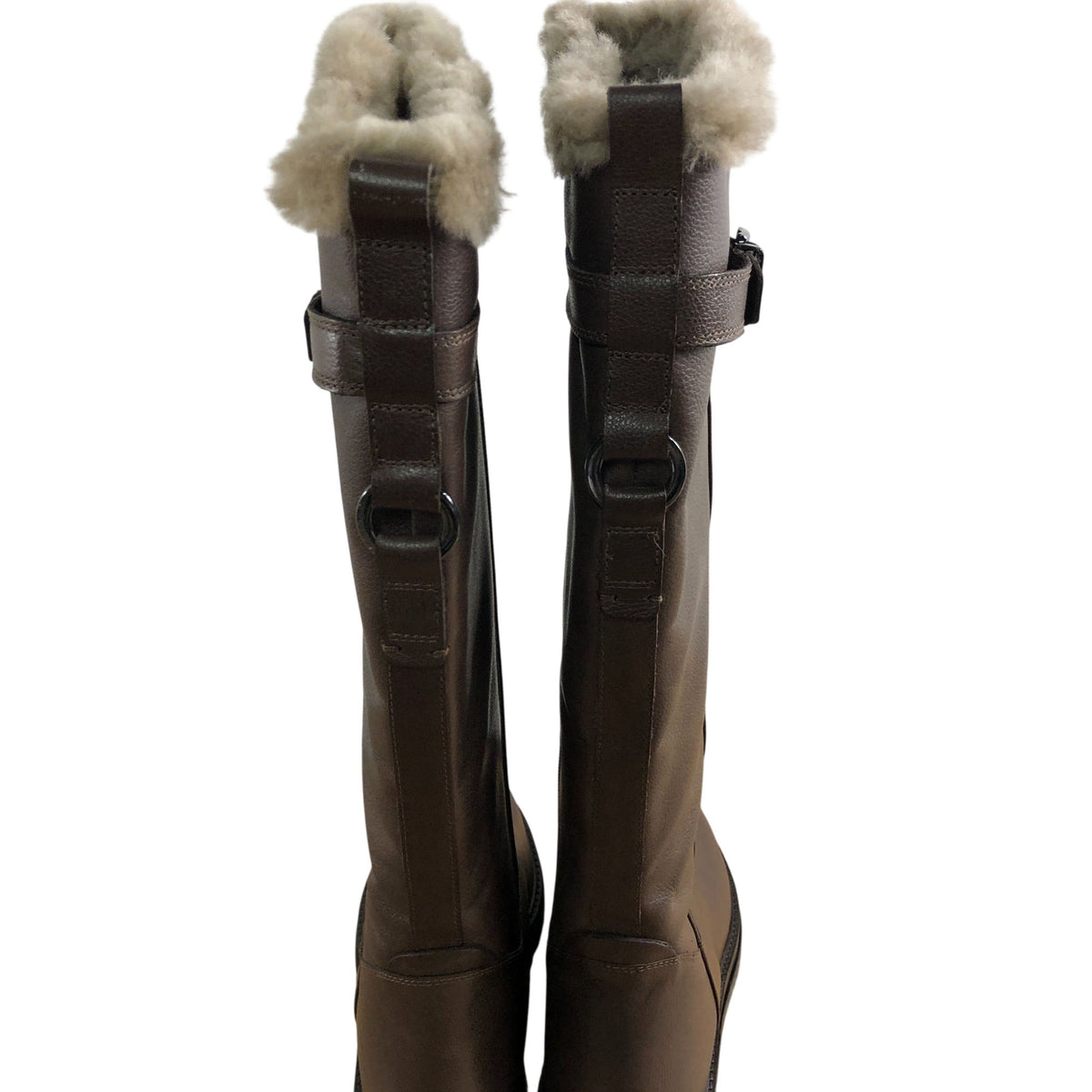 Brown Leather Knee High Boots With Faux Fur Trim
