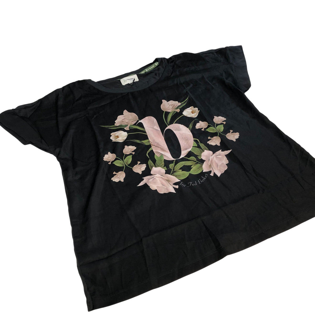 Floral Print T-Shirt Women's Black Short Sleeve Casual Top UK12