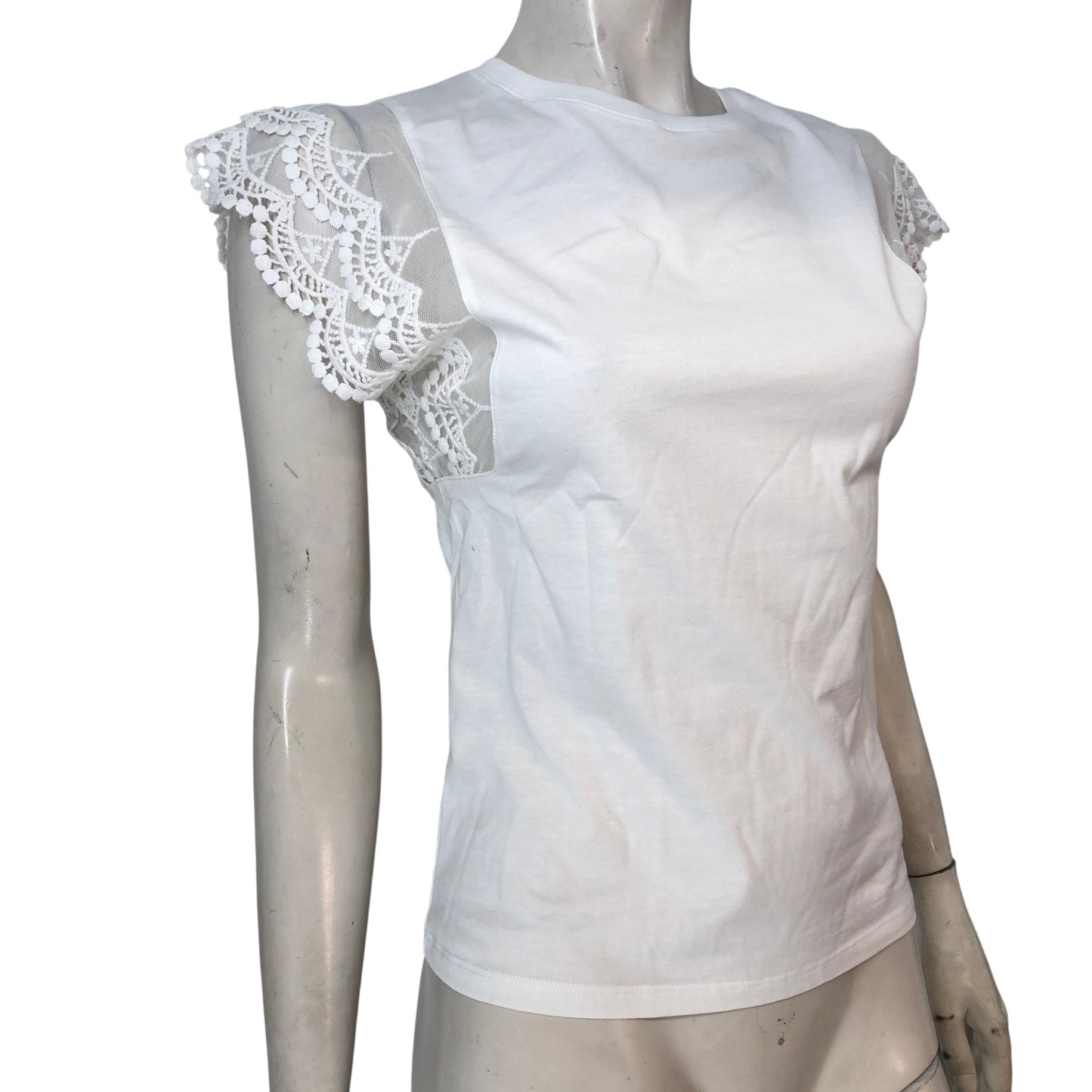 River Island Women's White Top XS Lace Cap Sleeve T-Shirt Elegant Casual
