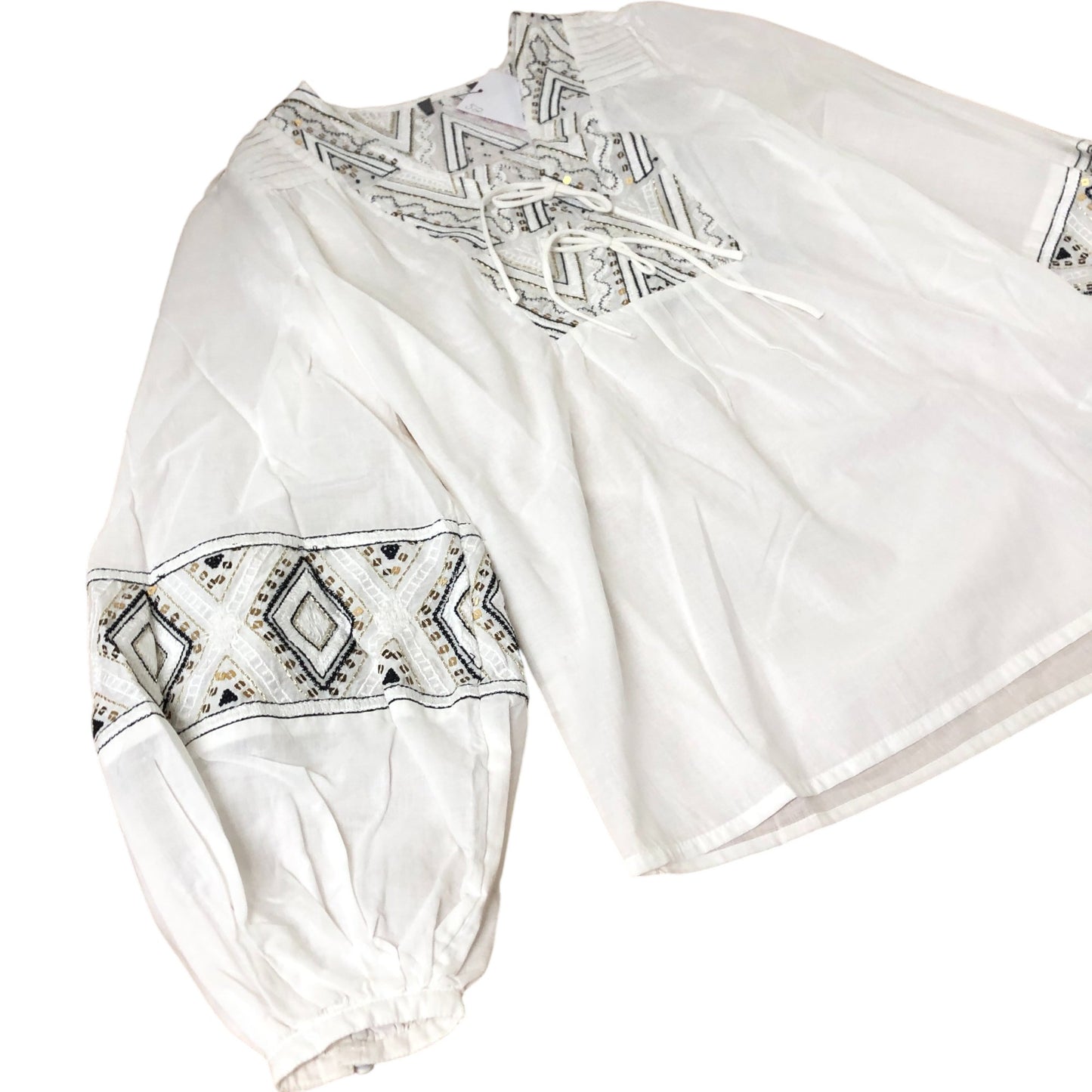 Branded Embroidered Blouse Women's White Long Sleeve Cotton Top UK6