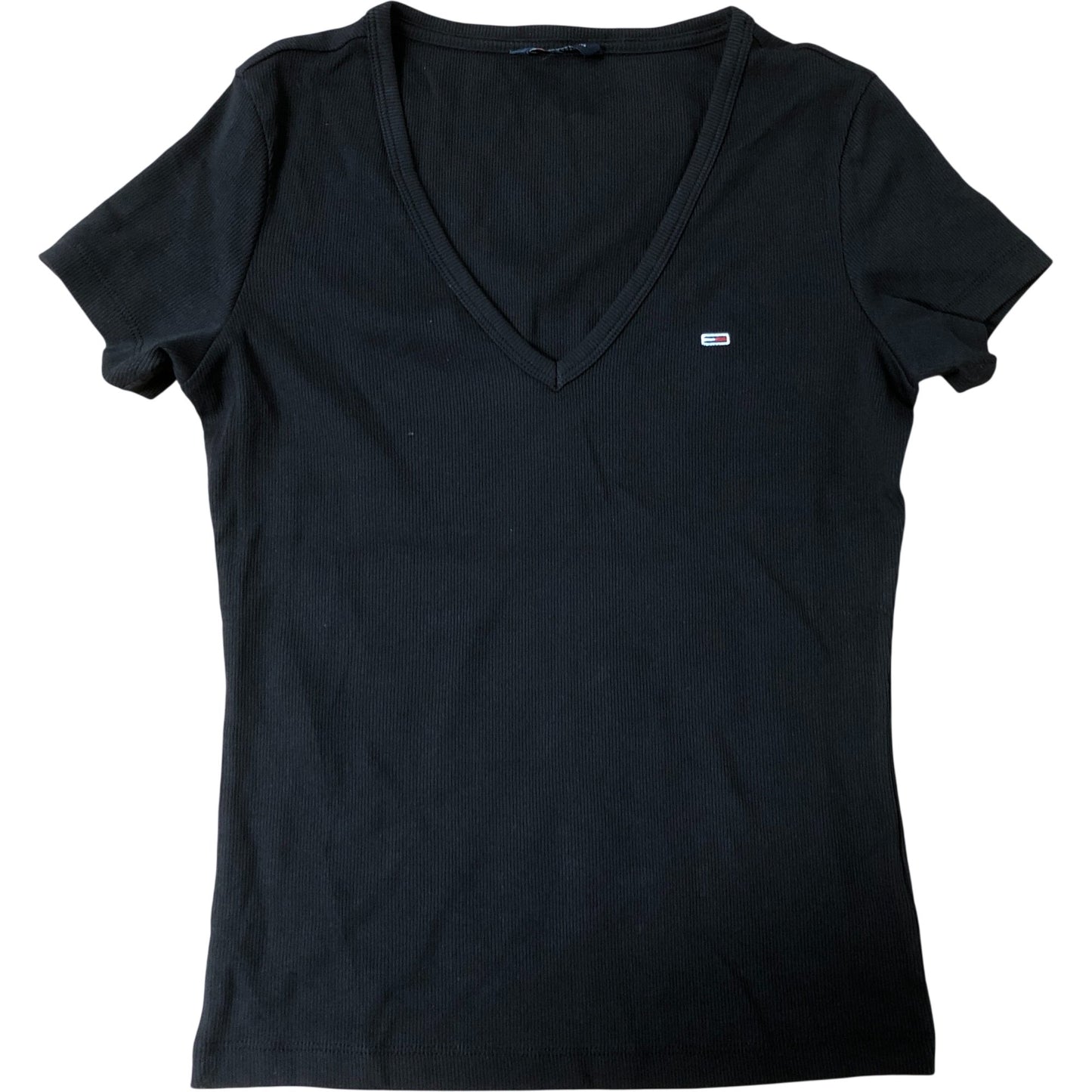 Tommy Jeans V Neck Top Size Women's Black Short Sleeve Casual Size XS