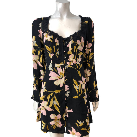 River Island Floral Dress UK8 Women's Black Yellow Pink Long Sleeve Lace