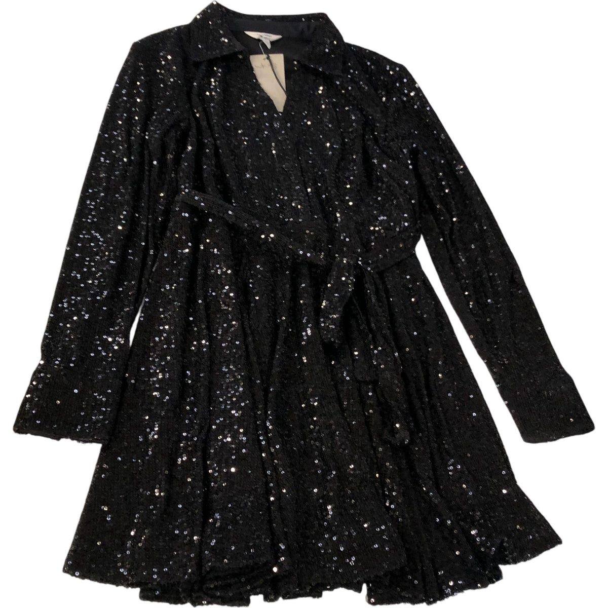 River Island Sequin Dress UK12 Women's Long Sleeve V Neck Party Dress Black