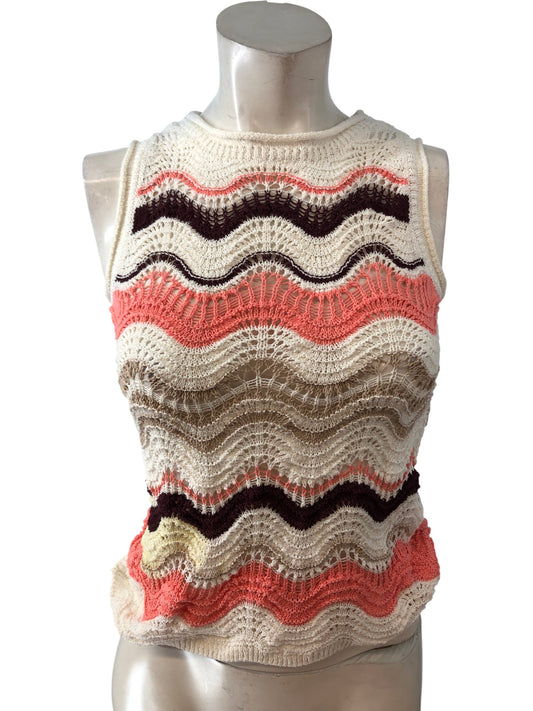 River Island Coral Dark Tropics Tank Top XS Women's Crochet Knit Sleeveless