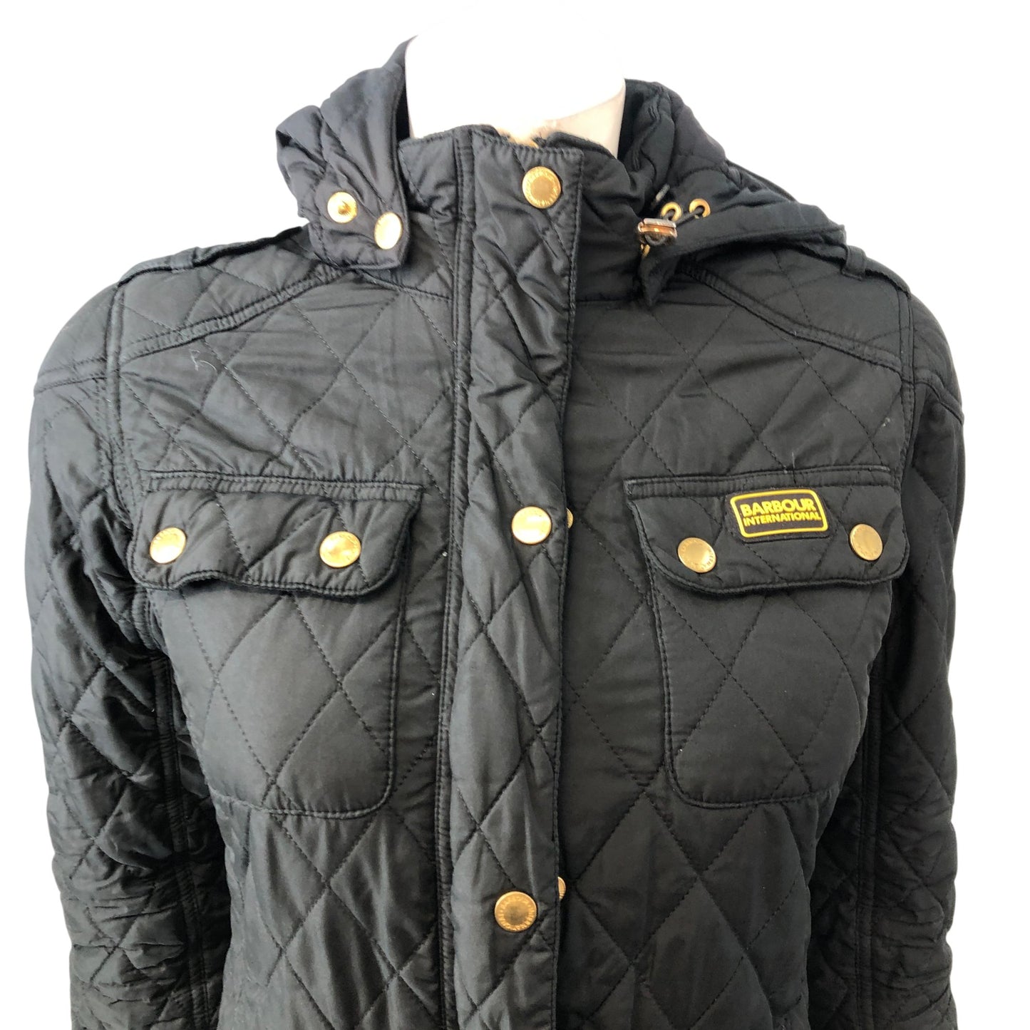 Barbour International Quilted Puffer Jacket UK10 Women's Black Hooded Outerwear