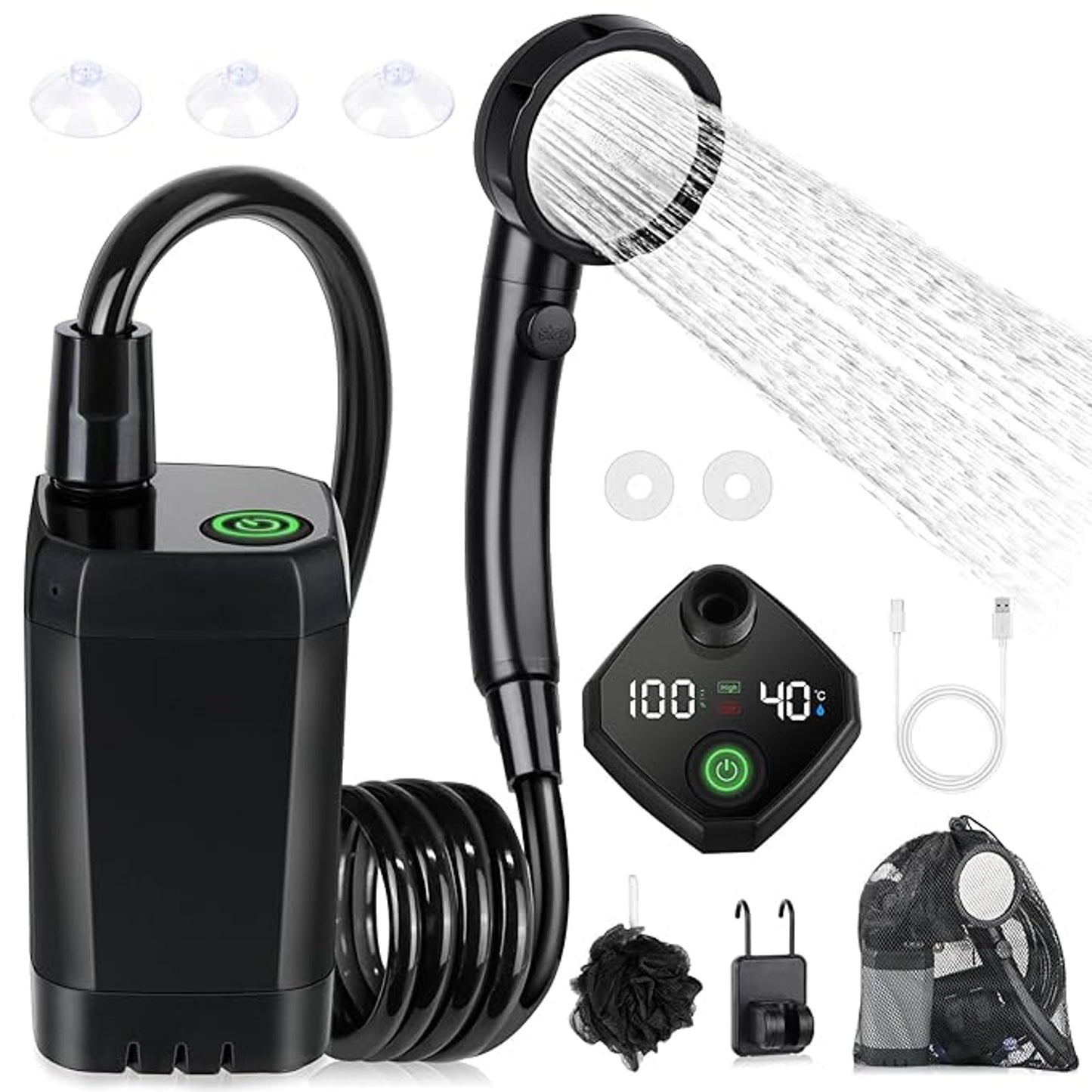 Portable Shower Rechargeable Black With Digital Display Adjustable Water Modes