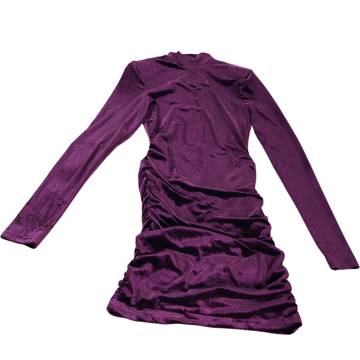 Ruched & Ready Velvet Dress Size Small Women's Long Sleeve High Neck Purple