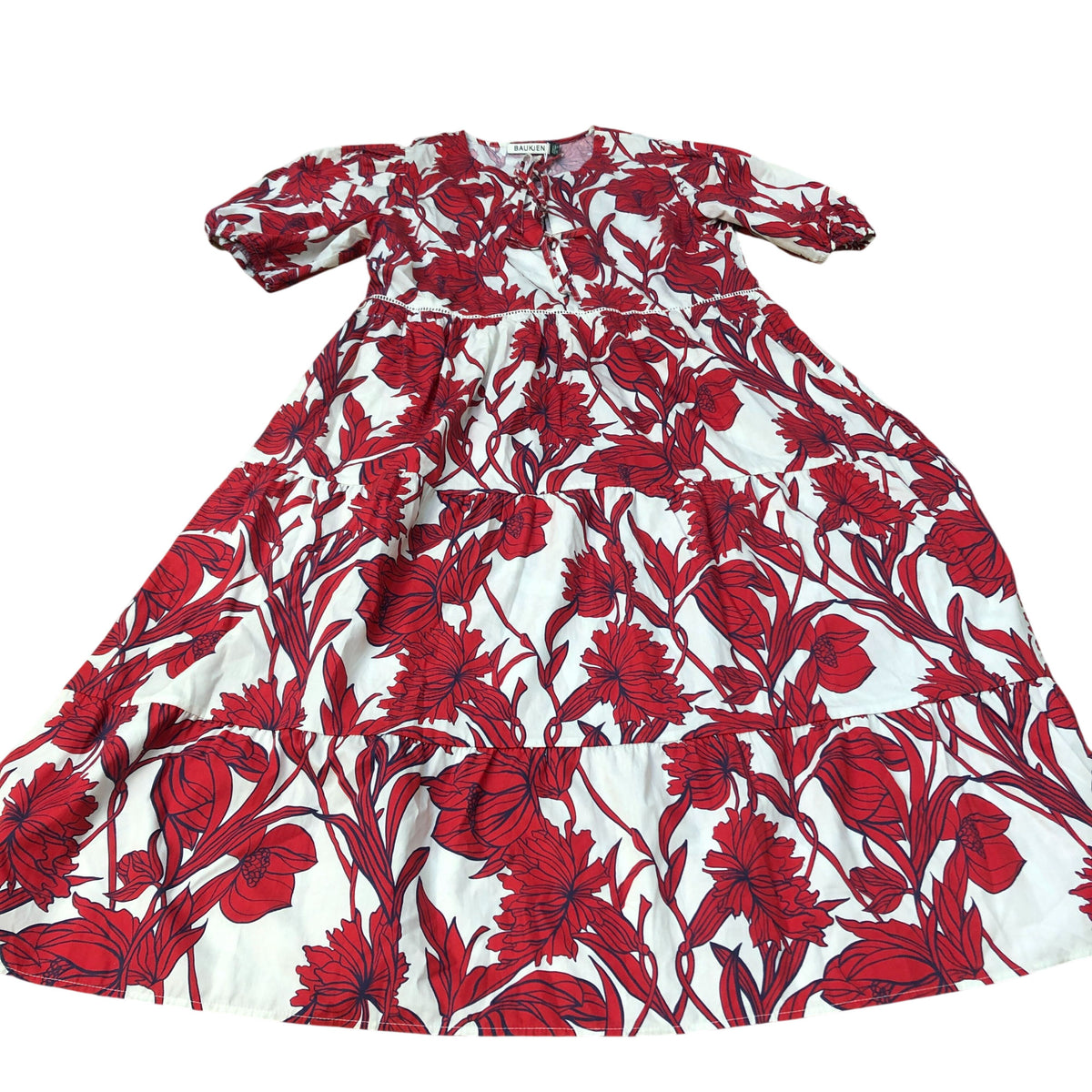 Baukjen Floral Print Dress UK14 Women's Organically Made Red White Cotton
