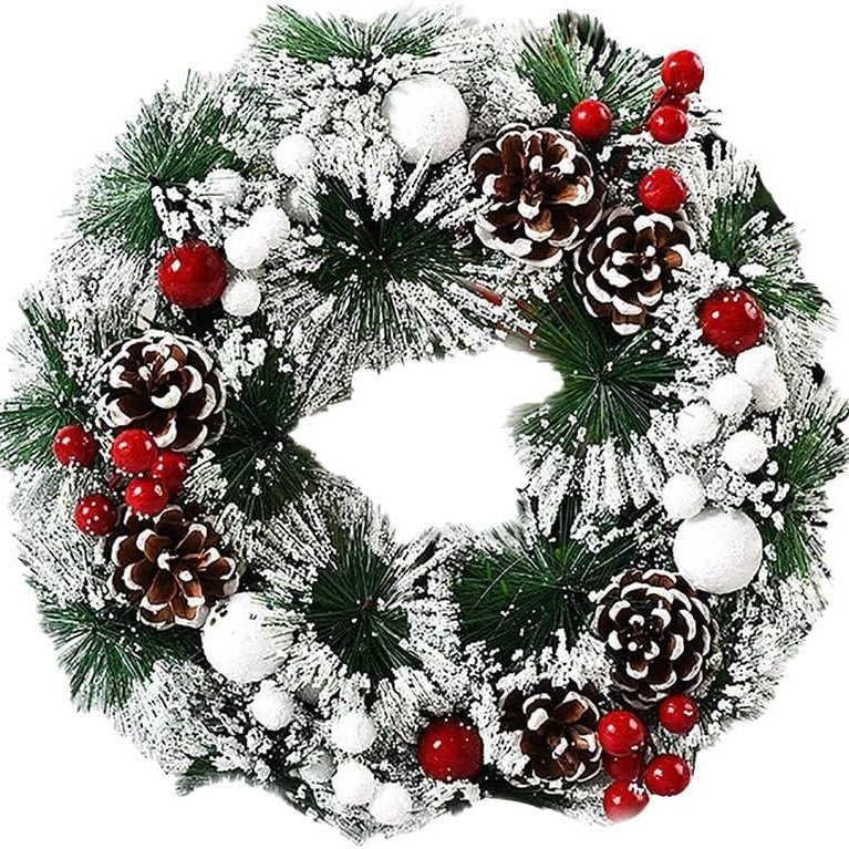 Snowy Christmas Wreath Berries & Pine Cones 16"