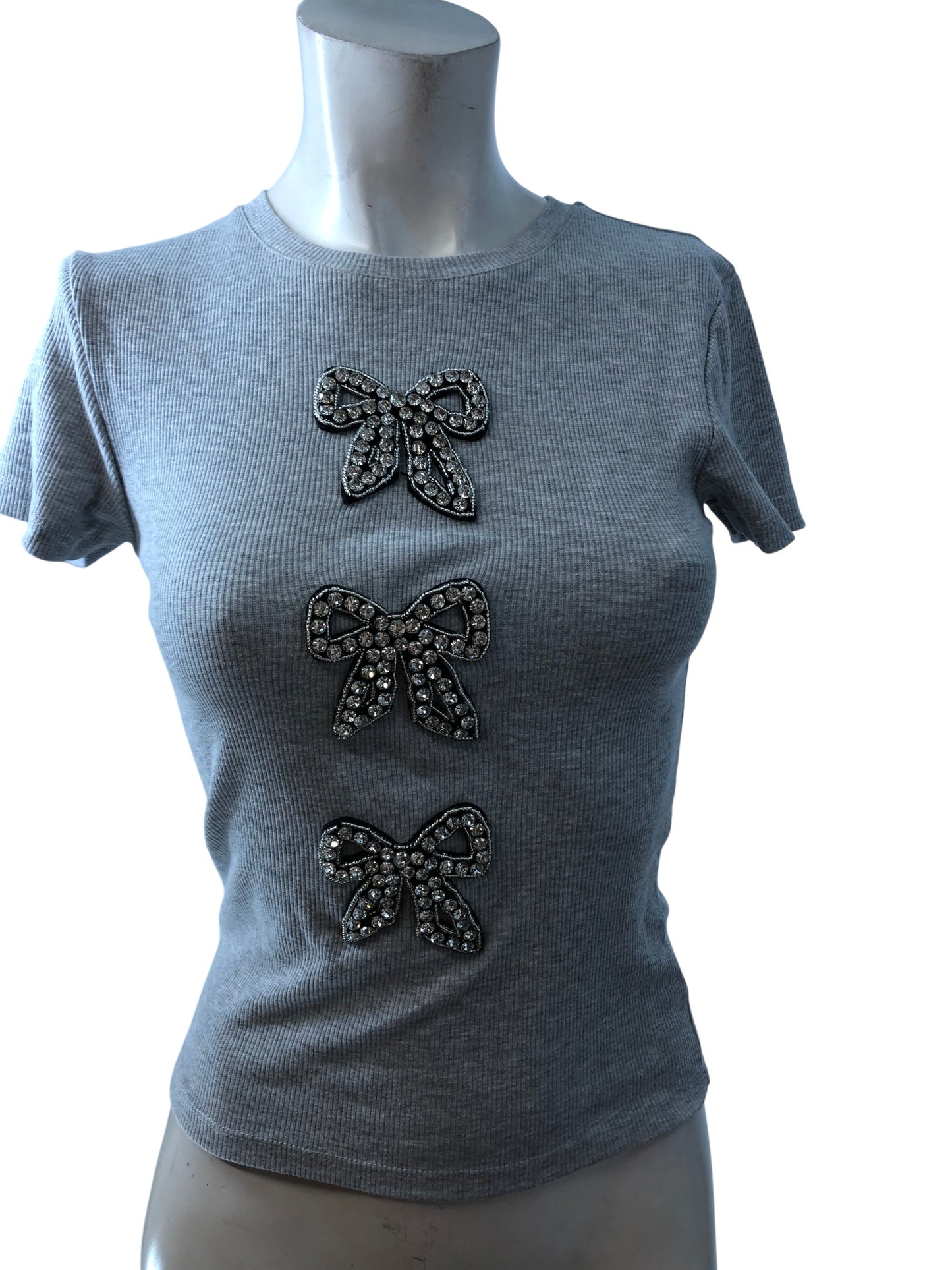 River Island Studios S Grey Marl Women's Short Sleeve Top with Bow Design