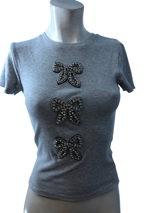 River Island Studios S Grey Marl Women's Short Sleeve Top with Bow Design