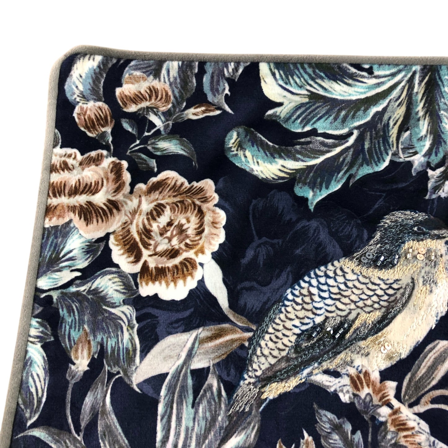 Velvet Floral Bird Embellished Cushion Cover Navy Blue 50 x 50cm