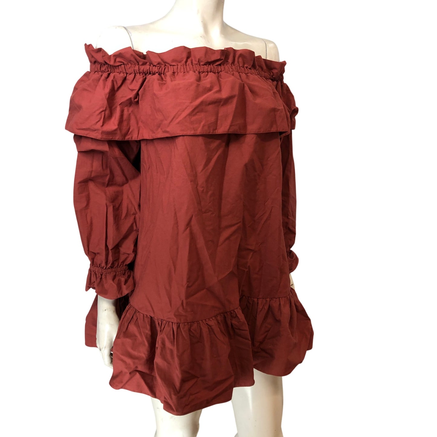 River Island Off The Shoulder Ruffle Dress UK12 Women's Cotton A-Line Rust Red