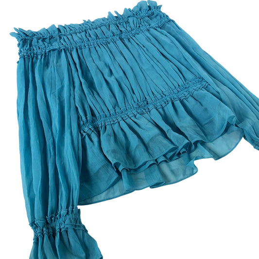 River Island Off The Shoulder Top Women's Ruffled Blouse Chiffon Turquoise Large