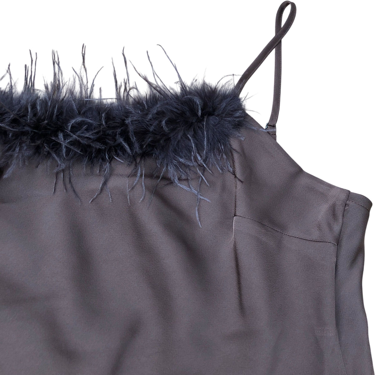 River Island Brown Satin Spaghetti Strap Dress Feather Trim