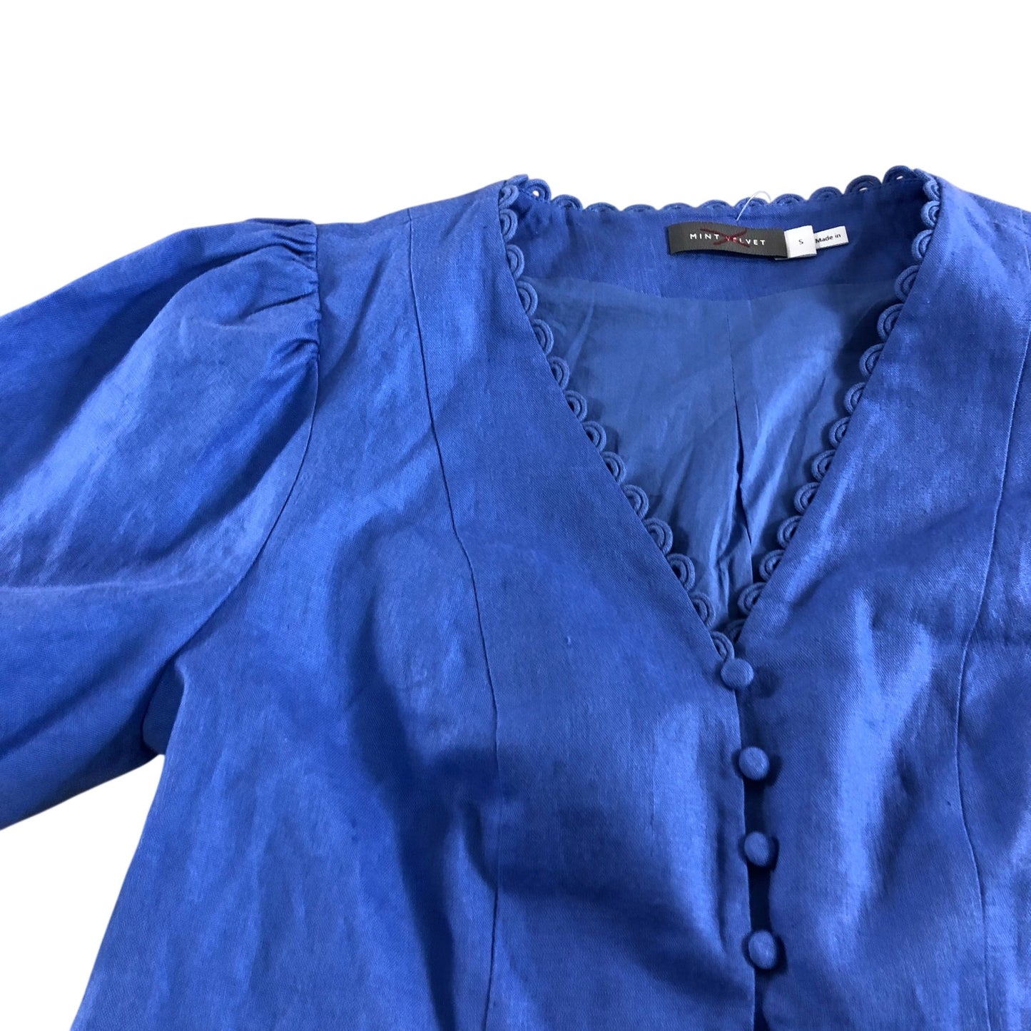 V Neck Puff Sleeve Blouse Size S Women's Blue Linen Cotton