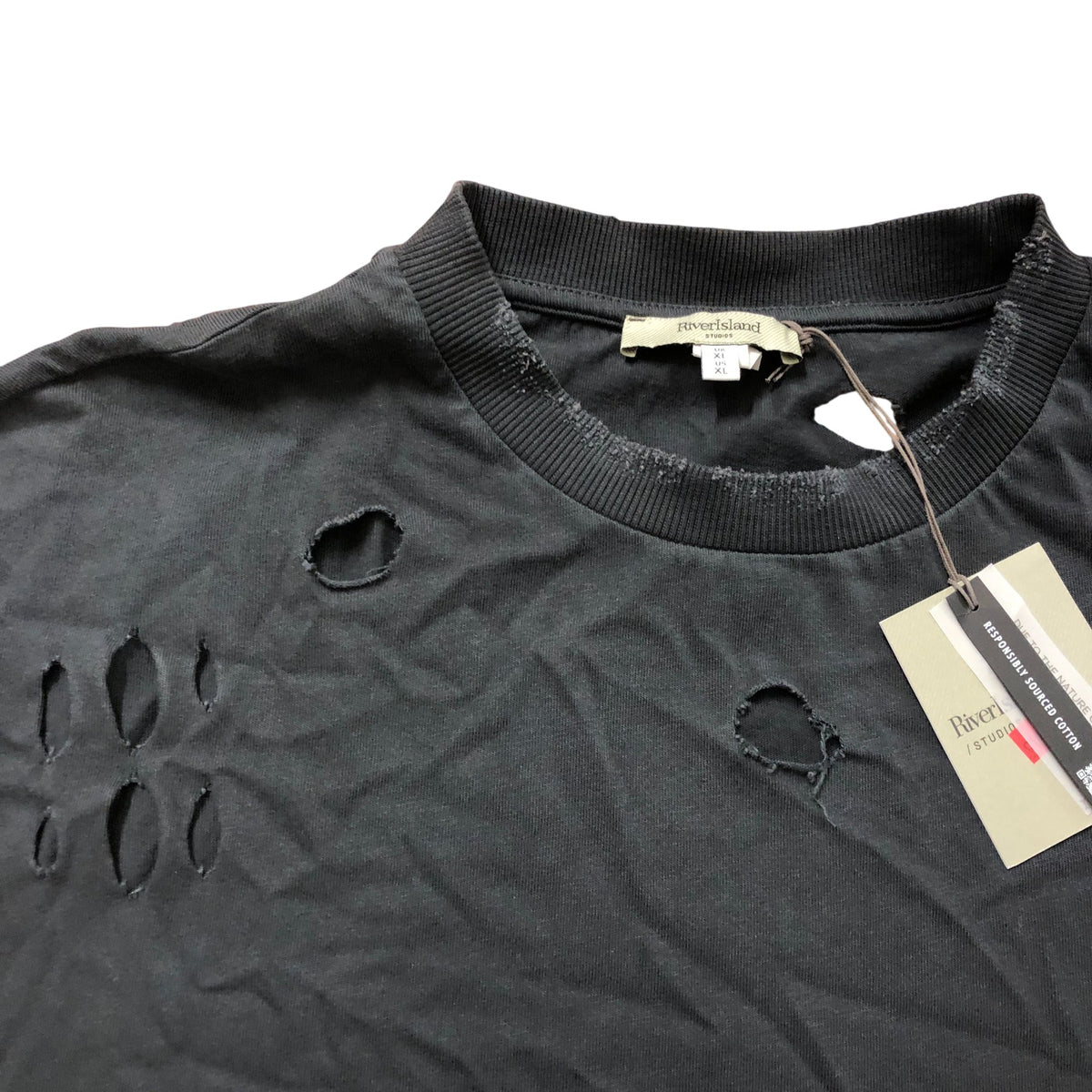 River Island Studios XL Men's Black T-Shirt Distressed Graphic Design Style