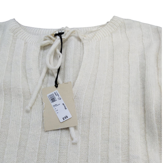 River Island Women's Cream Ribbed Sweater UK Size S Long Sleeve Tie Neck